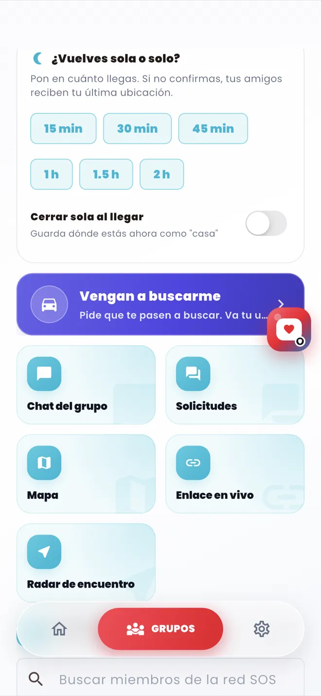 Pantalla del grupo Amigos en AUNOR, con el temporizador de vuelta a casa y accesos a mapa y enlace en vivo