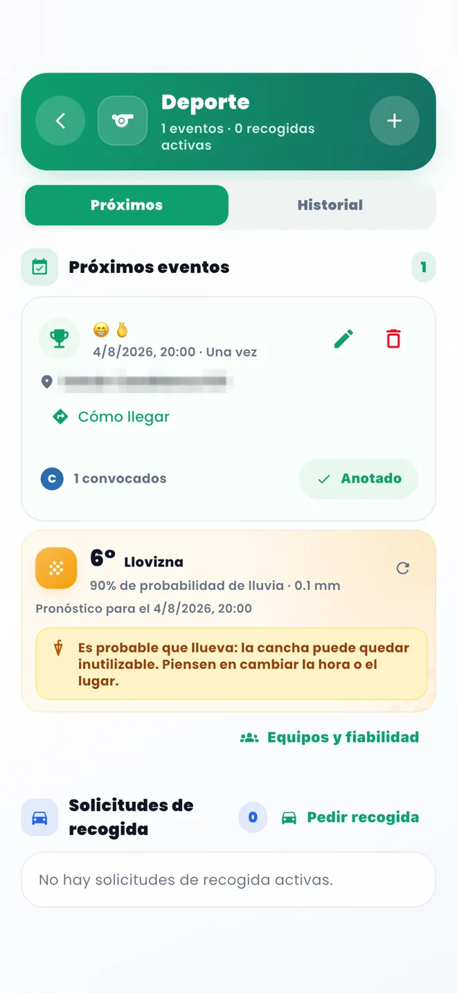 Pantalla del grupo Deporte en AUNOR, con un evento próximo y una alerta de clima