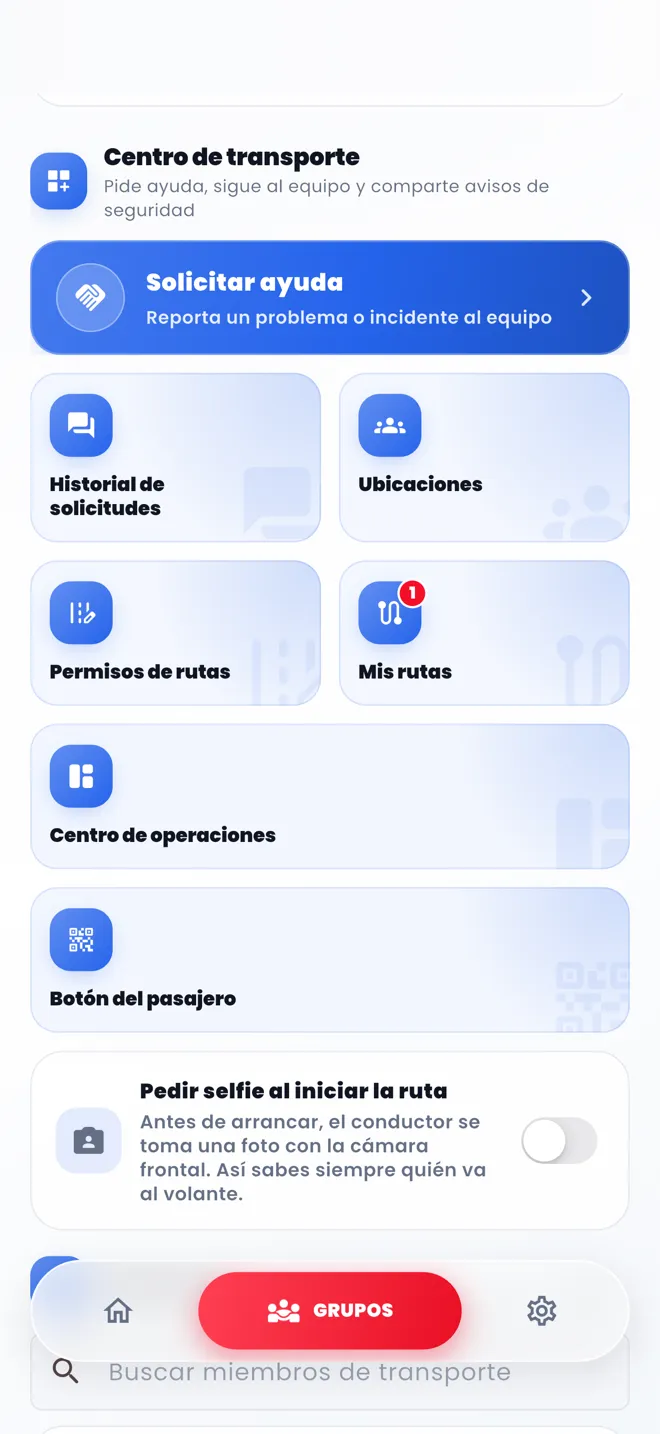 Pantalla del Centro de transporte en AUNOR, con historial de solicitudes y rutas